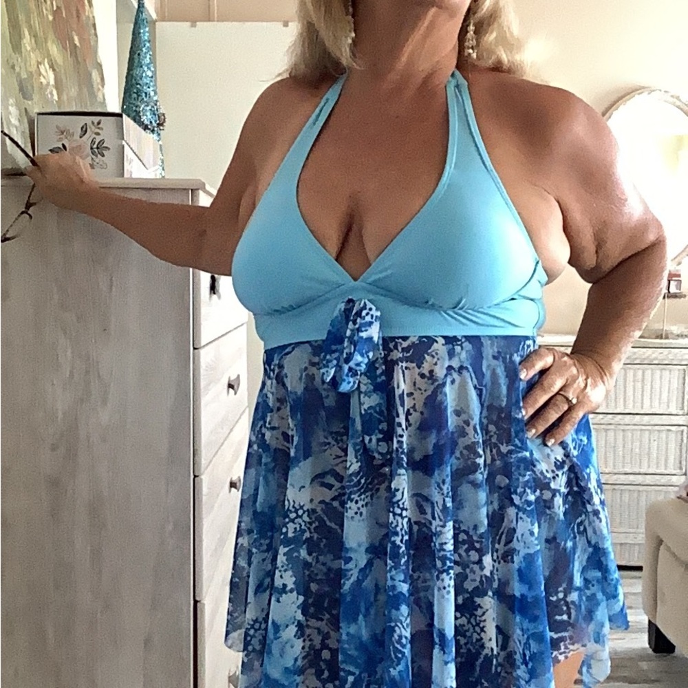 Swimsuit top blue turquoise size 14 sheer material jagged edge halter top
